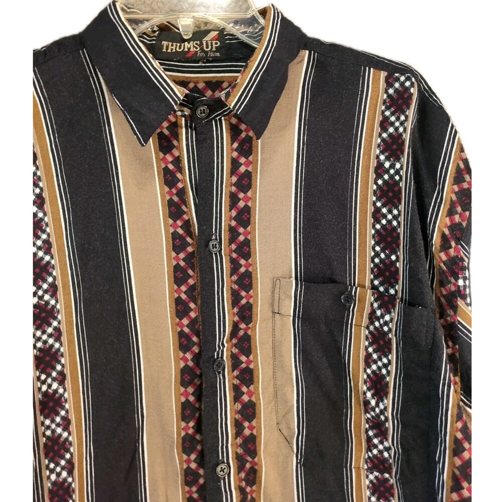 Thums Up For Him Shirt L Rayon Stripe 90s Vintage Thailand Brown Red Black